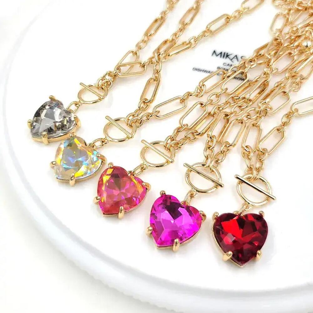 Dopamine Heart Crystal Glass Charm ChainLink Toggle Necklace